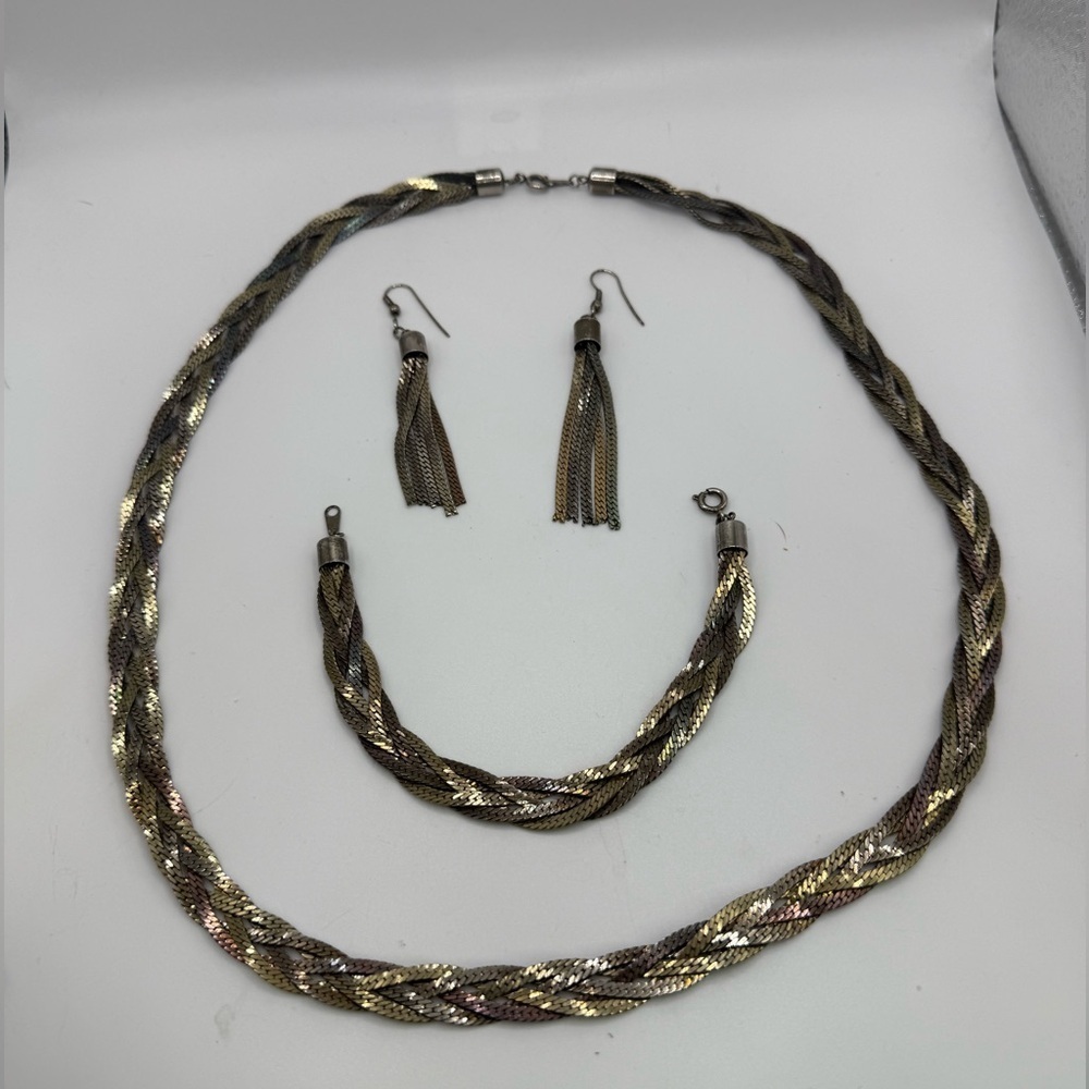 Vintage Braided Silver & Gold Tone Herringbone Necklace Bracelet Earring Set